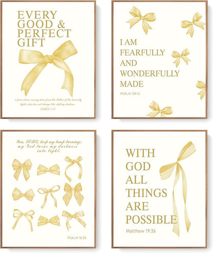 LARTSFRO Coquette Yellow Bow Wall Art Decor Posters, Butter Yellow Bow Room Bedroom Bathroom Dorm Wall Art Decor Aesthetic for College Teen Girls Gifts, Inspirational Bible Verses Bow Wall Decor, 10x8 Inch Set of 4 Pcs Bow Pictures (UNFRAMED)