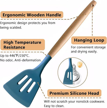IOCBYHZ Silicone Kitchen Cooking Utensils Set 5Pcs Non-Stick Silicone Kitchen Utensils Set Spatula Spoon Turner Ladle with Wooden Handle, Heat Resistant Cooking Gadgets for Nonstick Cookware BPA-FREE