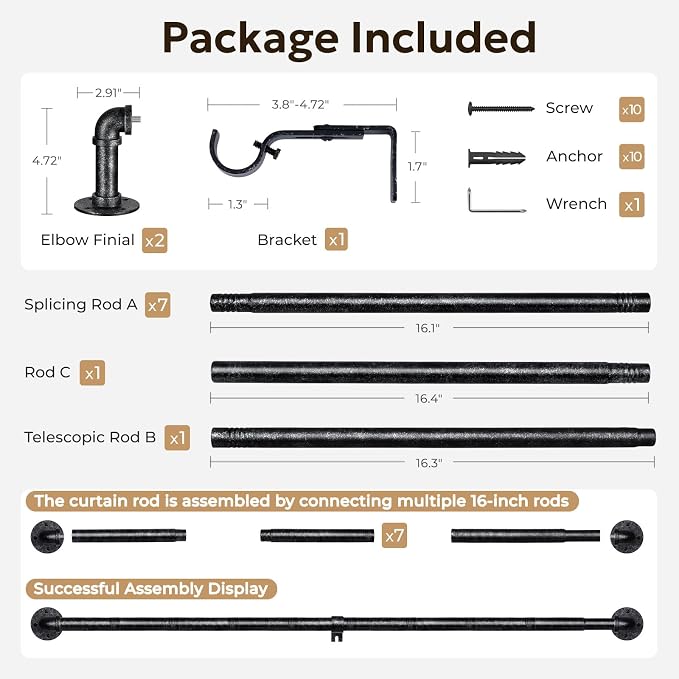 Zeerobee Curtain Rods for Windows 72 to 144, 1 Inch Industrial Wrap Around Vintage Black Curtain Rod, Indoor/Outdoor Room Divider Adjustable Drapery Pole, 72"-144"