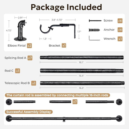Zeerobee Curtain Rods for Windows 72 to 144, 1 Inch Industrial Wrap Around Vintage Black Curtain Rod, Indoor/Outdoor Room Divider Adjustable Drapery Pole, 72"-144"