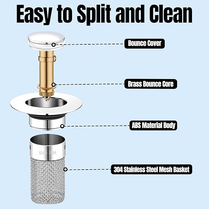 Bathroom Sink Drain Stopper for US Universal Replacement, Pop Up Drain for Bathroom Sink with Stainless Steel Filter Basket Hair Catcher, Sink Drain Strainer for 1.1-1.45 Inch