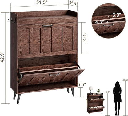 ChooChoo Shoe Storage Cabinet with 2 Flip Drawers, Farmhouse Shoe Organizer Storage for Entryway, Freestanding Hidden Slim Narrow Shoe Rack Cabinet, Walnut