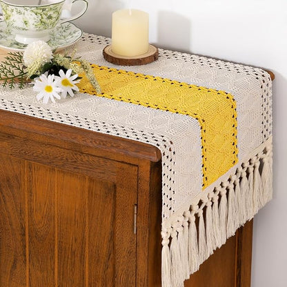 Socomi Boho Table Runner Macrame Valentine's Day Farmhouse Woven Cotton Linen Rustic Coffee Table Runner with Tassels for Dresser Scarf Home Decor Dining Room 12x90 inYellow Gold Ivory
