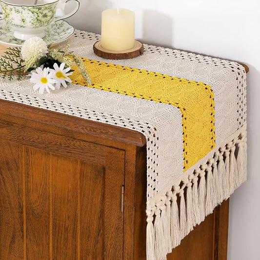 Socomi Boho Table Runner Macrame Valentine's Day Farmhouse Woven Cotton Linen Rustic Coffee Table Runner with Tassels for Dresser Scarf Home Decor Dining Room 12x90 inYellow Gold Ivory