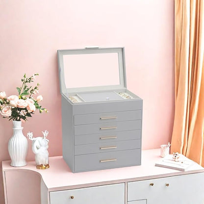BOOVO Jewelry Boxes for Women, White and Black 6 Layer Large Jewelry Box for Necklace, Bracelet, Earrings, Rings Storage, Jewelry holder Organizer for Girls Gift (Grey, 6 Layer)