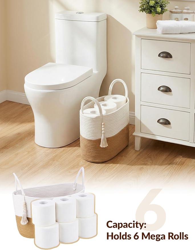NiHome Toilet Paper Storage Basket, Cotton Rope Organizer with Boho Tassel, Holds 6 Rolls, Foldable Space-Saving Design, Multi-Purpose Bin for Bathroom, Bedroom and Living Room