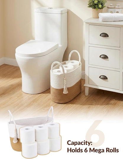 NiHome Toilet Paper Storage Basket, Cotton Rope Organizer with Boho Tassel, Holds 6 Rolls, Foldable Space-Saving Design, Multi-Purpose Bin for Bathroom, Bedroom and Living Room