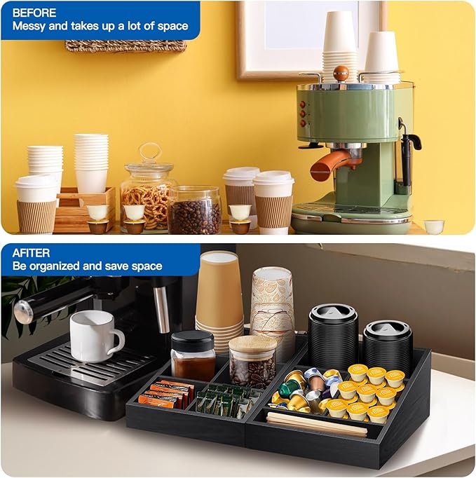 MINCORD Coffee Station Organizer Coffee Condiment Service Tray with 9 Compartment for Counter, Wood Coffee Bar Supplies Organizer for Home Office Breakroom Two-in-One Black