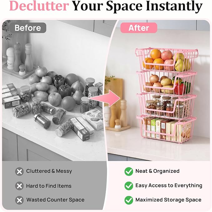 SUNALLY Stackable Storage Bins 4 Pcs Wire Baskets for Pantry Organizers and Storage, Vegetable Fruit Storage Basket for Countertop Organizer,Kitchen Baskets for Onion Potato Snack Cans Storage,Pink