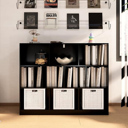 Black Bookshelf, Wooden Bookshelf with Base, Cube Storage Organizer, Bookcase for Living Room,Bedroom,Study and Office(Black, 10-Cube)