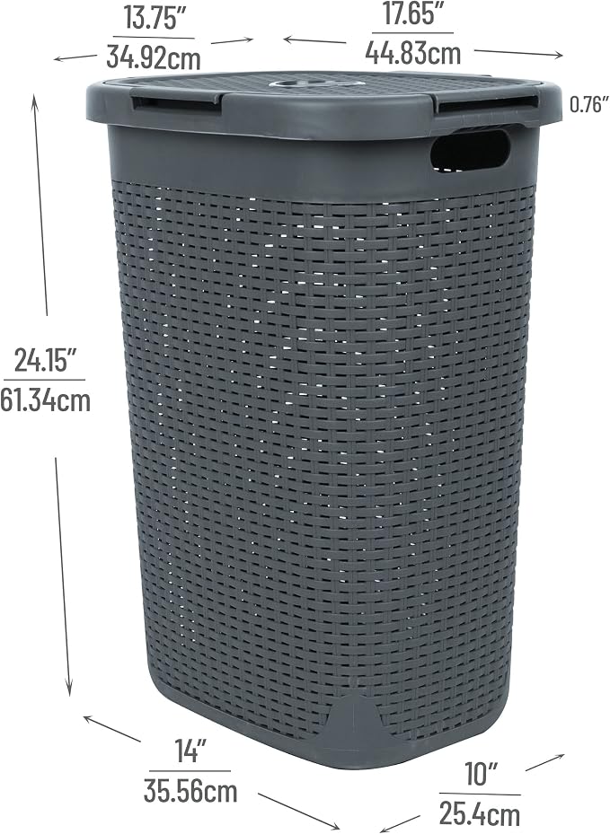 Mind Reader Slim Laundry Hamper with Lid, 60L Tall Clothes Basket, Narrow Tapered Design for Bathrooms, Closets and Laundry Rooms, Plastic, Gray
