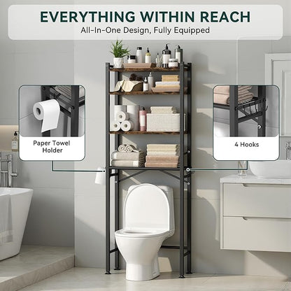 GloTika 4-Tier Over The Toilet Storage with Paper Holder and 4 Hooks - Metal Over Toilet Bathroom Organizer Shelf, Freestanding Bathroom Cabinet for Laundry/Living Room (69.3" H, Black Brown)