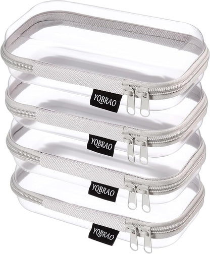 YQBRAO 4-Pack Clear Hard Shell Zipper Case, 1.2mm Ultra-Thick Diaper Bag Organizer Pouches, Rigid Self-Standing Travel Makeup Bags with YKK Zippers, TSA Approved, Gray