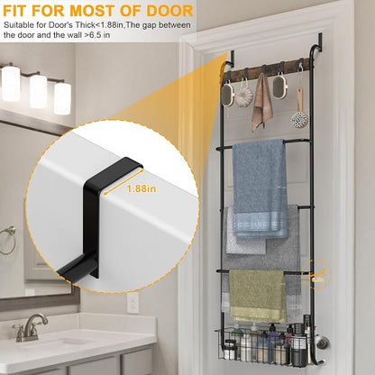 Over The Door Towel Rack,5-Tier Over Door Towel Racks for Bathroom,Towel Rack with Hooks and Basket Door Hanging,Blanket Ladder for Living Room Black