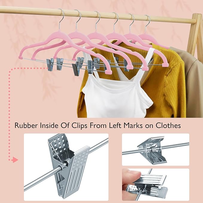 ManGotree Pants Hangers with Movable Clips, Non-Slip Velvet Skirt Hangers, Space-Saving Clothes Hangers for Pants, Skirts, Shirts, Coats, Dresses (18 Pack, Pink)
