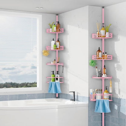 HAMITOR Corner Shower Caddy Tension Pole: Quick Installation 4-Tier Rustproof Bathroom Organizer Shelves for Bathtub Shampoo Storage - 47-121 inch Adjustable Floor Standing Bath Rack Holder - Pink
