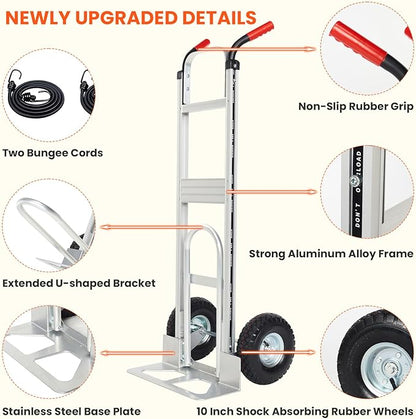 Aluminum Hand Truck Dolly Cart with 10" Pneumatic Tire,Hand Trucks Heavy Duty 600 LBS Capacity,Platform Hand Cart for Transport & Moving in Warehouse, Home, Supermarket
