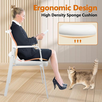 CLATINA Stacking Office Chairs | Mesh Back, Thicken Leather Seat and Streamline Arms, Ergonomic Lumber Support | Guest Reception, Waiting, Conference, School, Party, Customer, Side, Stationary, White