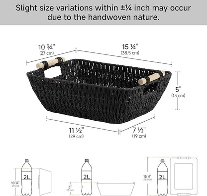 StorageWorks Large Wicker Storage Basket for Organizing with Wooden Handles, Toilet Paper Baskets for Shelf, Black, 2-Pack
