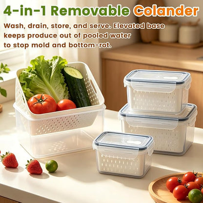 TBMax 8 Pieces Airtight Fruit Storage Containers for Fridge with Air Circulation Vent, 4 Pack Produce Saver with Colander for Berry Lettuce Salad Vegetable Storage, Refrigerator Organizers