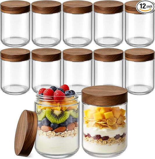 Bumobum 16 oz Overnight Oats Containers with Lids, Glass Mason Jars with Acacia Wood Airtight Lid, Wide Mouth Glass Canisters for Food Storage Chia Pudding Snacks Yogurt Spice Meal Prep, 12-Pack