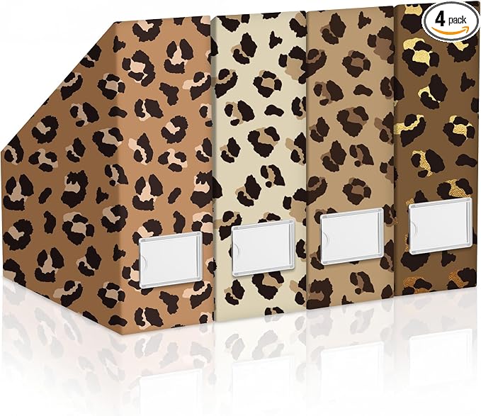AmazingSpark Set of 4 Leopard Print Magazine Holder Decorative Foldable Magazine Storage Boxes with Acrylic Label Holders Coquettish Boho Organizer for Office Home Organization Storage