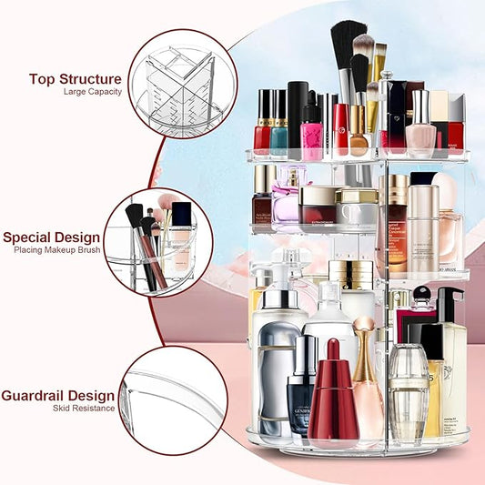 Makeup Organizer 360 Degree Rotating Cosmetic Organizer DIY Adjustable Makeup Carousel Spinning Holder Rack, Large Capacity Cosmetic Storage Box Makeup Brushes Organizer for Vanity Countertop (Clear)