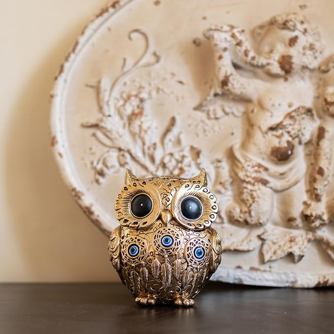 TOHLUCS Owl Statue Home Decor Accents with Evil Eye.Gold Decor for Bookshelf, Bedroom, Living Room, Office, Table and Shelf.Vintage Owl Figurines Gifts for Birds Lover.Cute Small Animal Sculptures.
