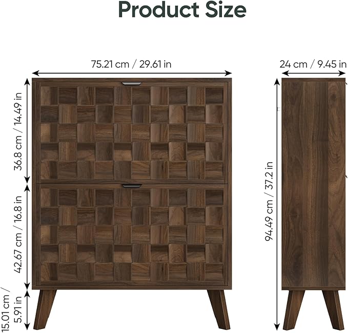 29.5“W Shoe Cabinet with 2 Embossed Checkerboard Pattern Flip Drawers, Freestanding Shoe Storage Cabinet with Solid Wooden Legs, Hidden Shoe Organizer for Entryway, Hallway, Walnut
