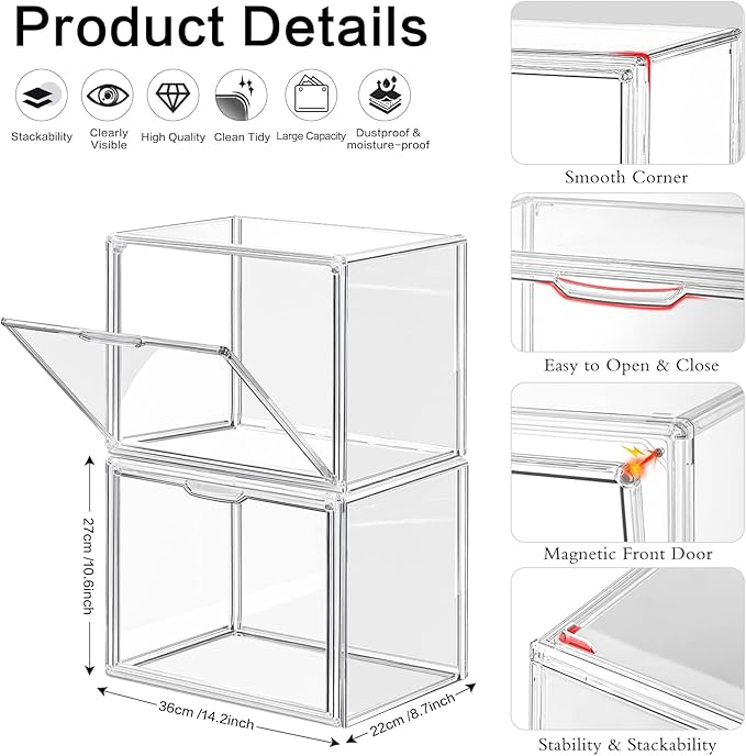 DILIBRA 4 Packs Clear Plastic Handbag Storage Organizer for Closet, Acrylic Display Case for Purse and Handbag, Stackable Storage Boxes Bag Organizer with Magnetic Door for Purse Clutch Wallet Hats