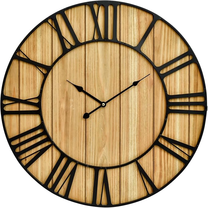 EMAX HOME Large Farmhouse Wall Clock 24 Inch Vintage Brown Wooden Wall Clock with Quiet Ticking and Minimalist Roman Numerals for Bedroom Living Room Office Kitchen Home Decor, Battery Operated