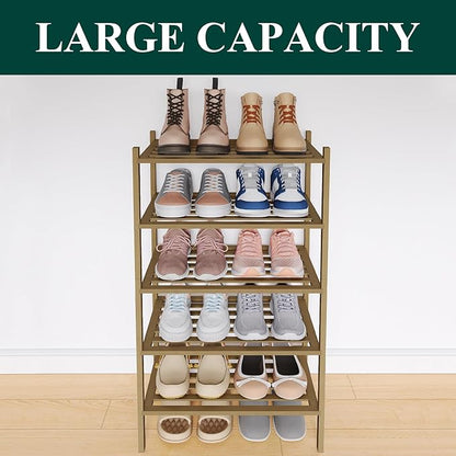 Smiry Small Bamboo Shoe Rack 5-Tier, Stackable Wooden Shoe Organizer for Entryway & Closet, Free Standing Wood Shoe Storage Shelf for Front Door & Small Spaces, Walnut