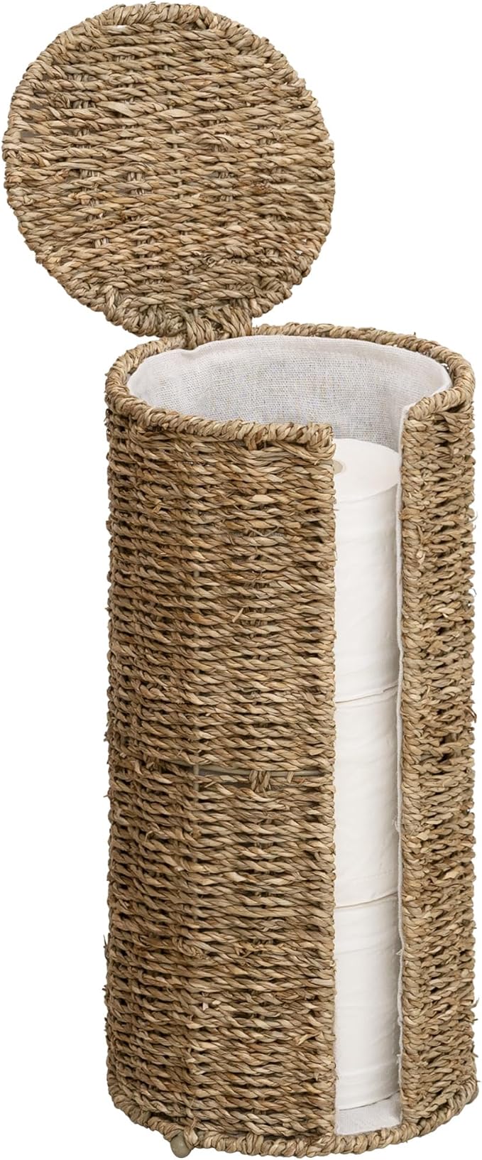 StorageWorks Seagrass Free Standing Toilet Paper Holder Stand for Bathroom, 3 Rolls of Toilet Tissue Storage with a Built-in Cloth Lining, Toilet Roll Holder Stand with Lid