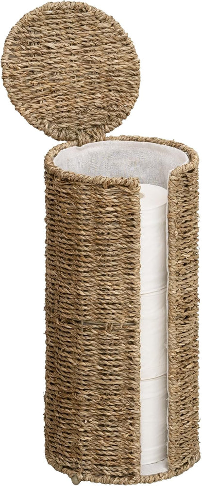 StorageWorks Seagrass Free Standing Toilet Paper Holder Stand for Bathroom, 3 Rolls of Toilet Tissue Storage with a Built-in Cloth Lining, Toilet Roll Holder Stand with Lid