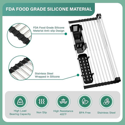 Extra Large Expandable Roll Up Dish Drying Rack, 22.8 x 17.3 in with Expandable Storage Basket Over The Sink Rolling Dish Drainer, Foldable Sink Dish Drainer for Kitchen Counter,Black