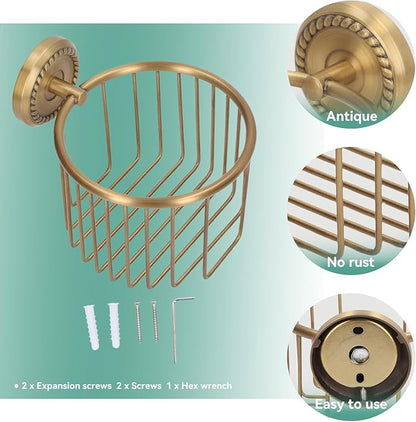 Brass Toilet Paper Holder, Wall Mounted Toilet Paper Holder Vintage Bathroom Roll Basket Antique Tissue Storage Basket for Bathroom