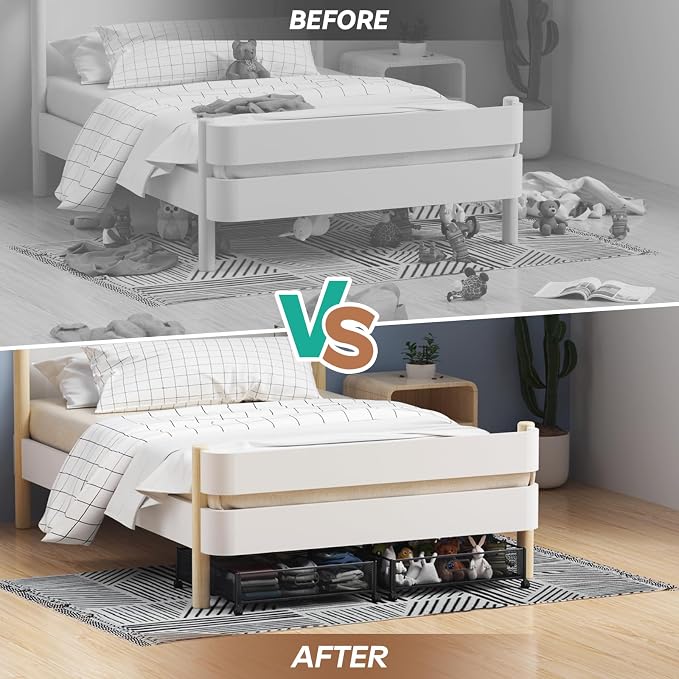 Under Bed Storage Containers with Wheels - Shoe Storage Organizer Drawer, Tool-free Assembly Metal Underbed Storage for Bedroom Clothes, Shoes, Blankets - 4Pack
