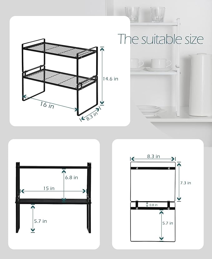 Shantton 2Pack Cabinet Shelf Organizer Storage Rack Space Saving for Kitchen Counter Pantry Bathroom Cupboard Under Sink Office Table Desk Steel Stackable Rust Resistant Heavy Duty Nonslip 16” Black