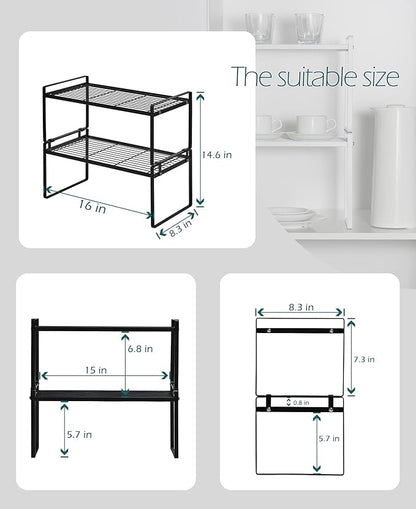 Shantton 2Pack Cabinet Shelf Organizer Storage Rack Space Saving for Kitchen Counter Pantry Bathroom Cupboard Under Sink Office Table Desk Steel Stackable Rust Resistant Heavy Duty Nonslip 16” Black