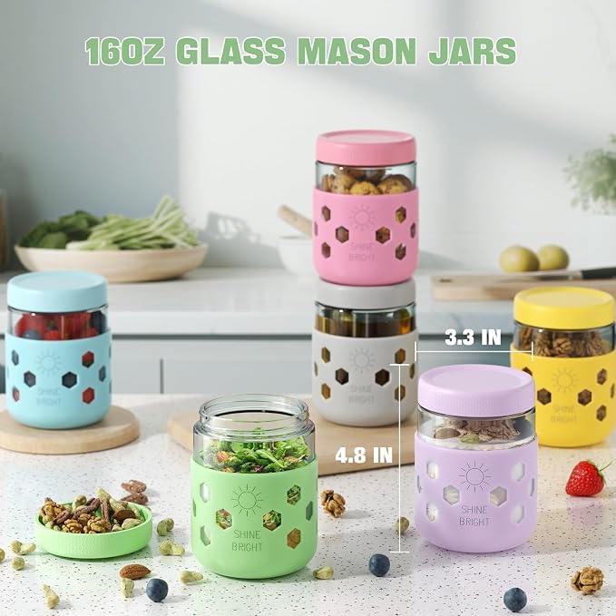 4 Pack Overnight Oats Containers with Lids - Thickened Glass 16 oz Mason Jars with Silicone Sleeves, Wide Mouth Airtight Leak-Proof Chia Seed Pudding Meal Prep Jars for Yogurt Parfait Snacks