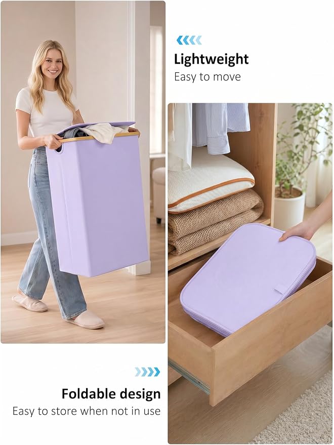 Laundry Hamper with Lid, 110L Large Laundry Basket with Removable Bag, Clothes Basket Hamper with Bamboo Frame for Clothes Towels Organizer- Purple