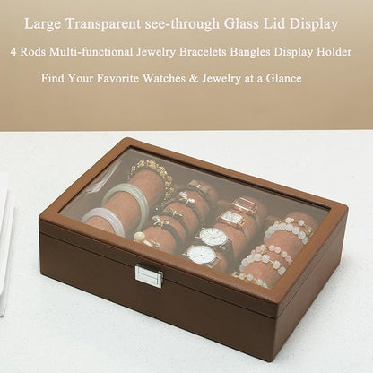 Bracelets Organizer Rods Bangles Display Holder, Clear See through Lid Leather Velvet Jewelry Storage Box Case for Women, 4 Rods Brown Leather