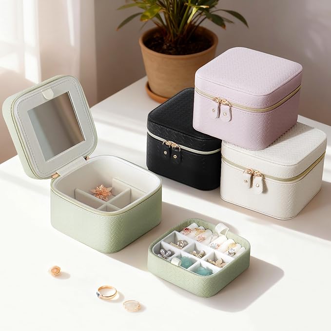 DesignSter Travel Jewelry Case for Woman, Small Travel Jewelry Box with Mirror,4.72×4.72×3.54 inches,Portable Design Travel Jewelry Organizer,Double Headed Zipper