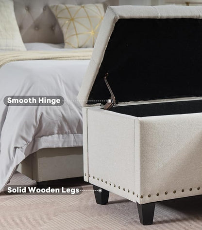 Tbfit 50.8“ Large Ottoman Storage Bench for Bedroom, Oversized Tufted Upholstered Entryway Benches End of Bed, Rectangle Dorm Foot Stool with Safety Hinge & Solid Wood Legs, Loads 660 lb, Beige