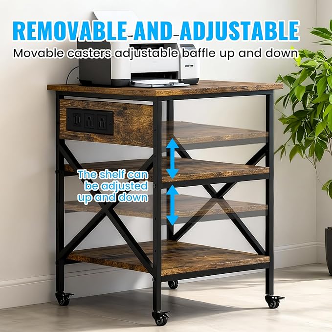 TUMAN Pro Large Printer Stand with Power Outlet 3 Tier Adjustable Shelves Mobile Cart with Industrial Casters 23.6 x 23.6 x 30 Inches for Home Office Rustic Brown
