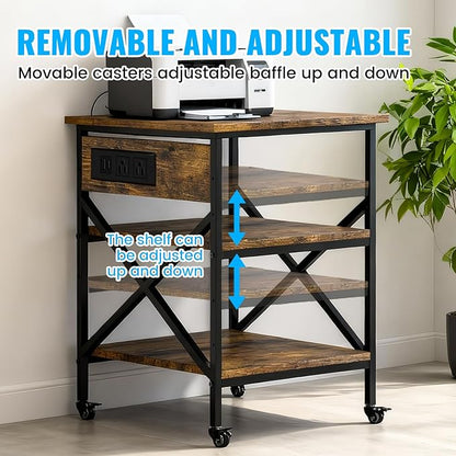 TUMAN Pro Large Printer Stand with Power Outlet 3 Tier Adjustable Shelves Mobile Cart with Industrial Casters 23.6 x 23.6 x 30 Inches for Home Office Rustic Brown