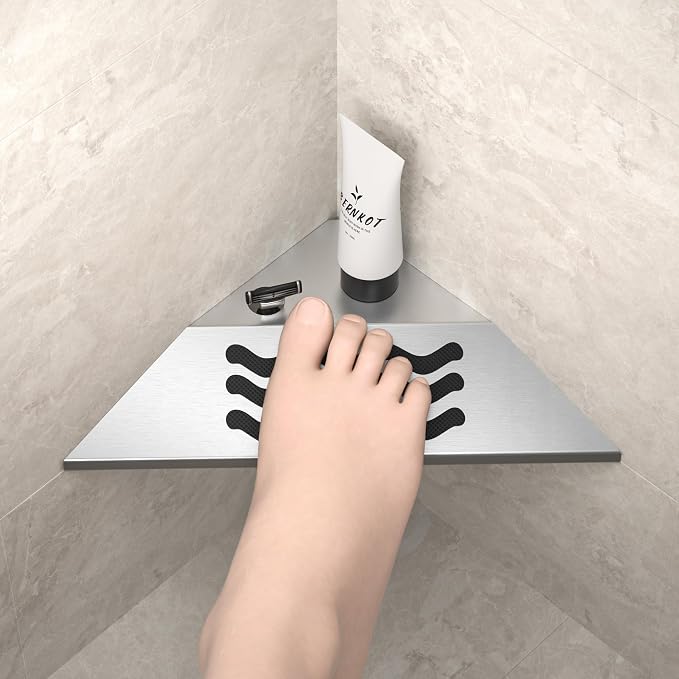 10'' Corner Foot Rest for Shaving Legs, 304 Stainless Steel Grout in Footrest with Shaving Holder, Recessed Designed Foot Ledge for Bathroom Shower (Brushed)