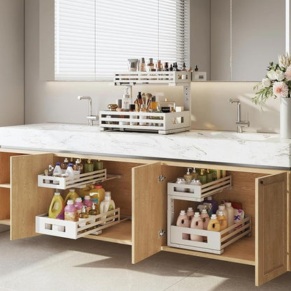 L-Shaped Metal Under Sink Organizer, 2-Tier Double Pull-Out Cabinet Organizer for Kitchen & Bathroom Storage, Height Adjustable, Smooth Cylinder Rail, White, 2 Packs