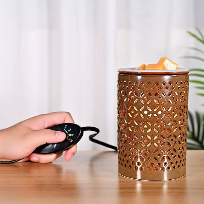ASAWASA Ceramic Wax Melt Warmer with Timer and Silicone Dish,Candle Wax Warmer for Scented Wax & Essential Oils,Ideal Gift for Home Office Kitchen Long Dark Brown