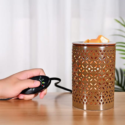 ASAWASA Ceramic Wax Melt Warmer with Timer and Silicone Dish,Candle Wax Warmer for Scented Wax & Essential Oils,Ideal Gift for Home Office Kitchen Long Dark Brown